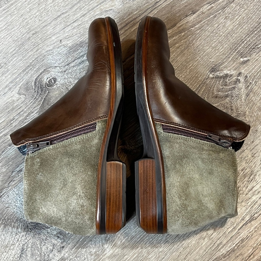Naot Helm Brown Leather Olive Suede Mixed Media Ankle Boots Size 39 Dual Zip